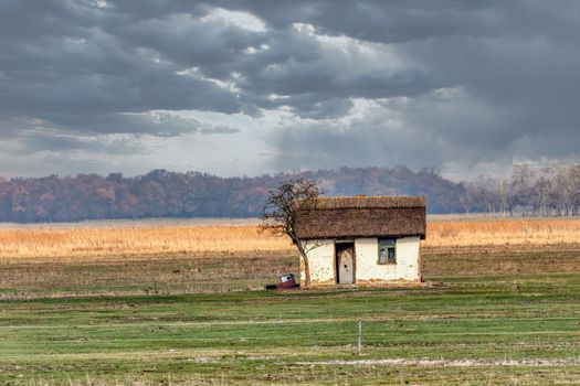 hut of shepherds in Hortobagy National Park, Hungary, puszta is famous ecosystems in Europe and UNESCO World Heritage Site