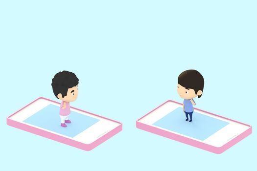 3d illustrator of cartoon characters. Boy and girl Meet and greet each other from mobile