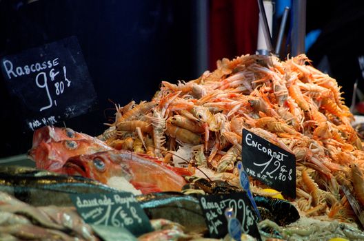 Fish and prawns, seafood market stall, La Rochelle, France