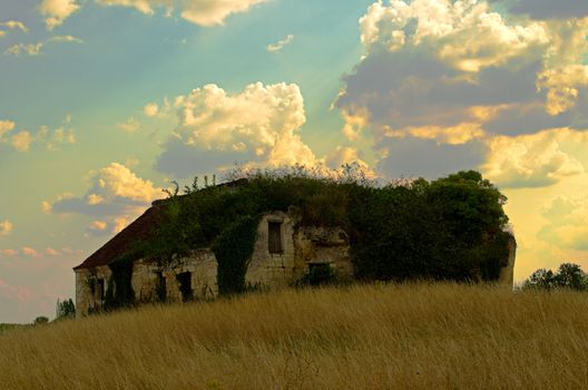 Dark, long-abandoned farm outbuildings against a bright but cloudy sky in central France