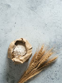 Wheat flour in paper bag and spikes over gray cement background. Food and baking ingredient - all-purpose flour with copy space, vertical