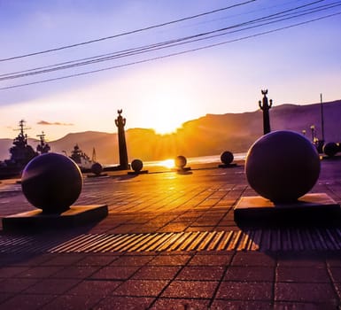 Granite balls on the embankment of Novorossiysk.