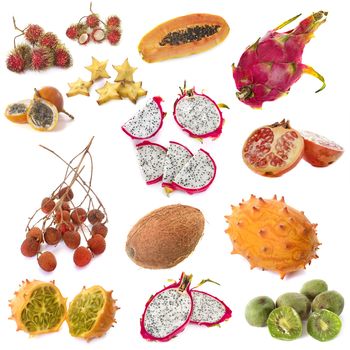 composite picture of exotic fruits in front of white background