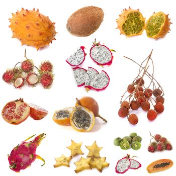 composite picture of exotic fruits in front of white background