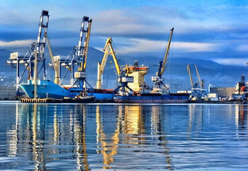Port cranes in the port of Novorossiysk. Industrial port landscape.