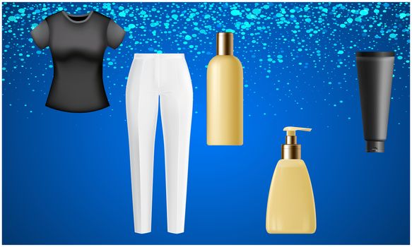 mock up illustration of female fashion wear and cosmetics on abstract background