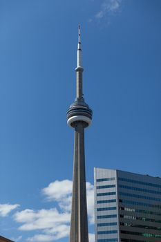 Toronto, Canada - 9 September 2017: CN Tower with cloudless blue sky