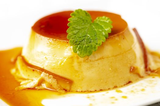 closeup of a balm leaf on a flan