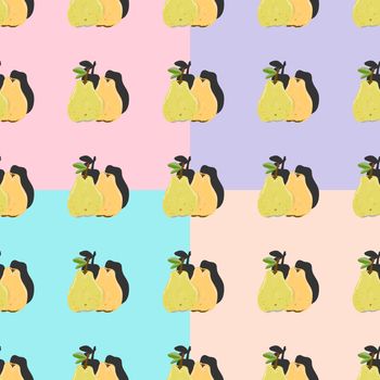 Set of four orange and green pear top view pop art with shadow seamless pattern on lilac, pink, turquoise, beige background. Summer fruit endless design for wallpapers, fabrics, textiles, packaging.