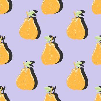 Orange pear top view pop art with shadow seamless pattern on purple background. Summer fruit endless design for wallpapers, fabrics, textiles, packaging.