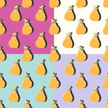 Set of four orange pear top view pop art with shadow seamless pattern on purple, fuchsia, beige, turquoise background. Summer fruit endless design for wallpapers, fabrics, textiles, packaging.