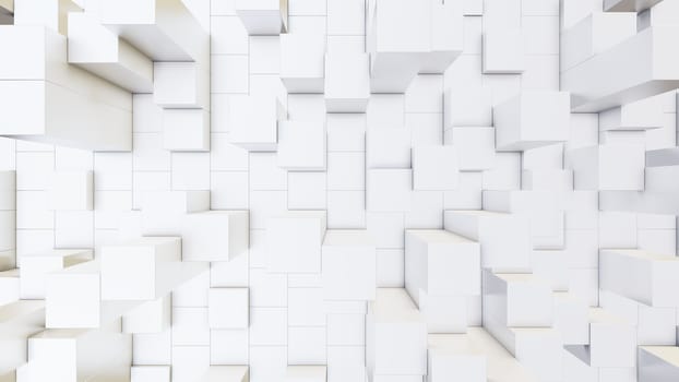 Abstract 3D illustration of white cubes background. Random displacement. Good background