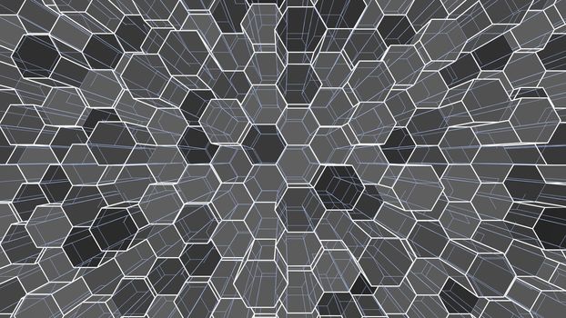 Abstract background of colorful outline hexagons. 3D illustration. Wire-frame style.