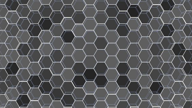 Abstract background of colorful outline hexagons. 3D illustration. Wire-frame style.