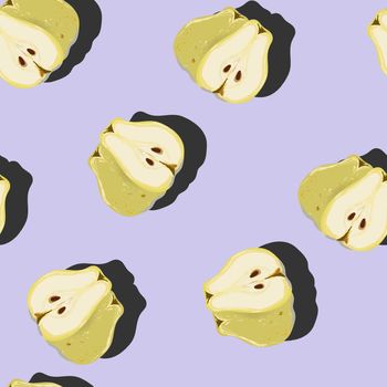 Juicy pear whole and cut top view pop art with shadow seamless pattern on lilac background. Summer fruit endless design for wallpapers, fabrics, textiles, packaging.