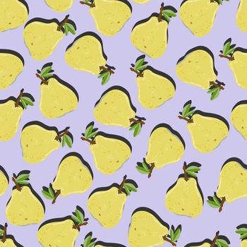 Yellow pear top view pop art with shadow seamless pattern on lilac background. Summer fruit endless design for wallpapers, fabrics, textiles, packaging.