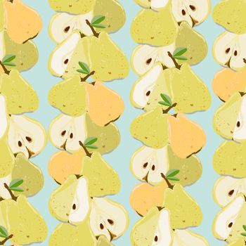 Yellow and orange juicy sliced pears seamless pattern on a turquoise background. Summer fruit endless pattern, design for wallpapers, fabrics, textiles, packaging.
