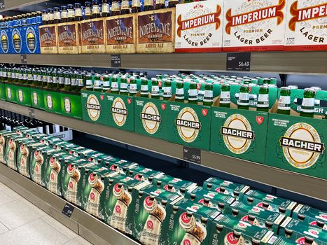 Orlando, FL/USA-5/16/20: A display of 6 packs craft beer at an Aldi grocery store waiting for customers to purchase.