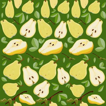Yellow and orange juicy sliced pears with leaves seamless pattern on a green background. Summer fruit endless pattern, design for wallpapers, fabrics, textiles, packaging.
