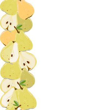 Yellow and orange pears, whole and cut pears seamless vertical border on white background. Summer fruit design set for design, banner, menu, poster, apparel, cards.