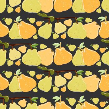 Yellow and orange juicy pears seamless pattern on a black background. Summer fruit endless pattern, design for wallpapers, fabrics, textiles, packaging.