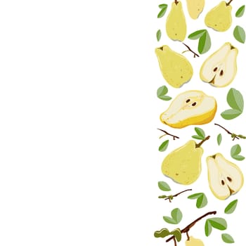 Yellow pears whole with leaves seamless vertical border on white background. Summer fruit design set for design, banner, menu, poster, apparel, cards.