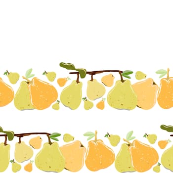 Yellow and orange pears whole with leaves seamless horizontal border on white background. Juicy design set for design, banner, menu, poster, apparel, cards.