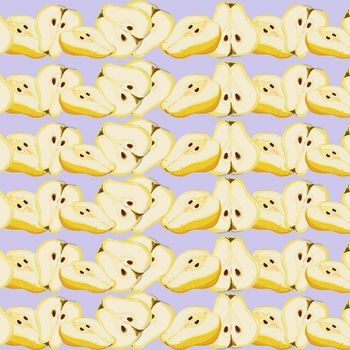 Yellow cut pears seamless pattern on a lilac background. Juicy and mouth watering pattern, design for wallpapers, fabrics, textiles, packaging.