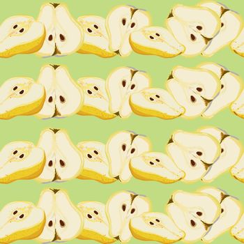 Yellow cut pears seamless pattern on a green background. Juicy and mouth watering pattern, design for wallpapers, fabrics, textiles, packaging.