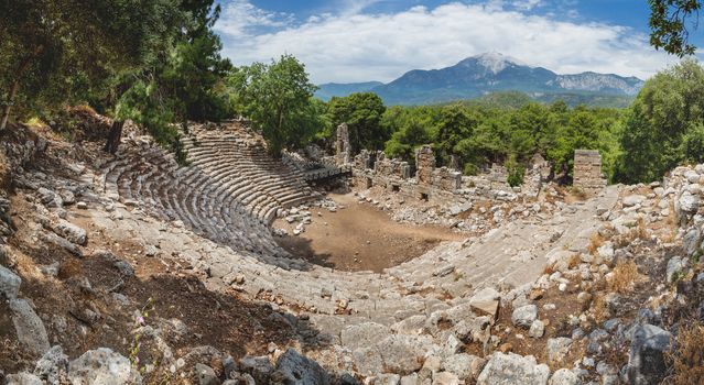 Panorama view of North Harbour of Phaselis. Ruins of Greek city on the coast of ancient Lycia. Architectural landmark near modern town Tekirova in the Kemer district of Antalya Province in Turkey.