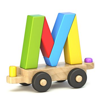 Wooden train font Letter M 3D render illustration isolated on white background