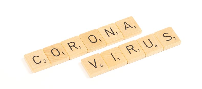 Corona virus scrable letters, isolated on a white background