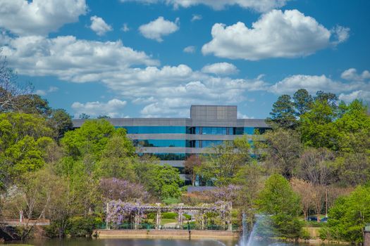 Office Building in Spring with landscaping and lake