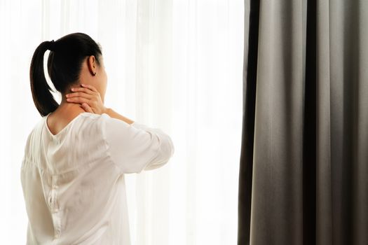 neck shoulder injury painful woman suffer from working healthcare and medicine recovery concept