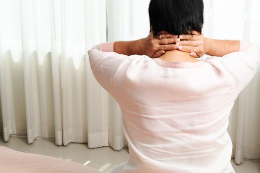 neck and shoulder pain, old woman suffering from neck and shoulder injury, health problem concept