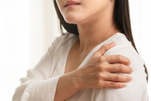 young women neck and shoulder pain injury, healthcare and medical concept