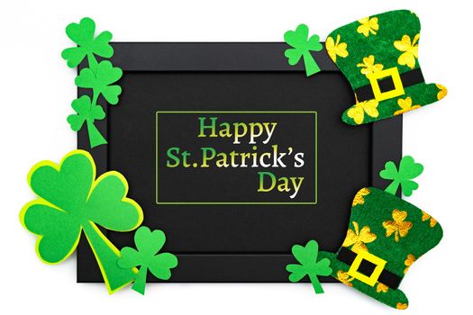 St Patricks day, festive leprechaun hat and green Shamrocks on photo frame