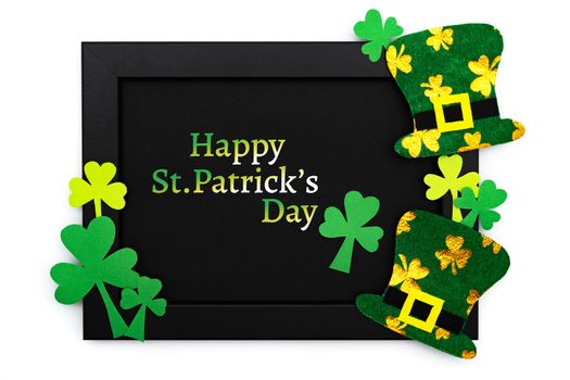 St Patricks day, festive leprechaun hat and green Shamrocks on photo frame