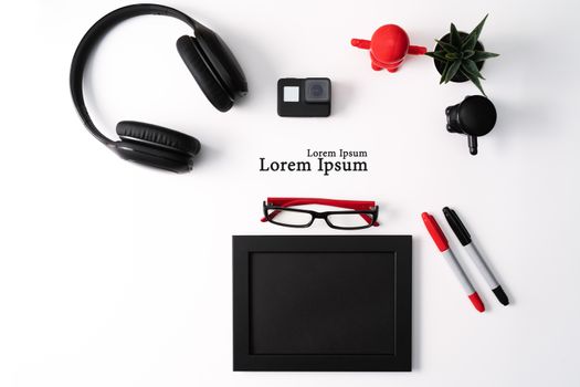 Mockup, Photo Frame, Action camera, Headphones, Glasses, Pen, and Cactus, Red and Black object on white background