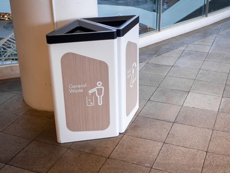 recycling bin at shopping mall, trash container with icons of recycle