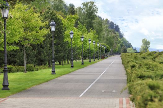 A straight asphalt road and a bike path go along a beautiful, clipped green lawn through a summer park, on the edge of the road are many beautiful old lamps.
