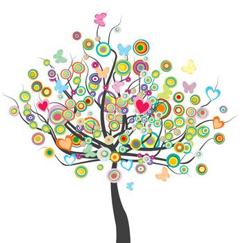 Colored tree with flowers, butterflies and circle shape leaves