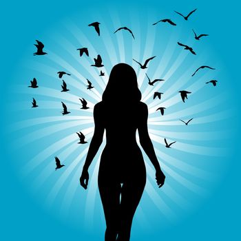 Silhouette of woman with birds flying around her on sunburst background