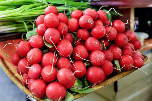 Closeup of dry red radish tubers piled on the market against the background of green onions in daylight.