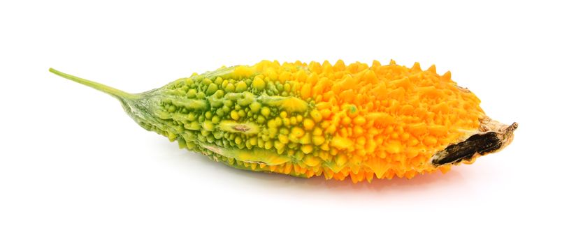 Bitter melon ripening from green to orange, with a black patch as pod starts to open, isolated on a white background
