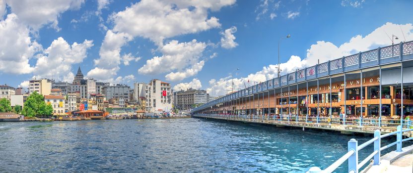 Istambul, Turkey – 07.13.2019. Restaurants, bars and shops on Galata Bridge in Istambul