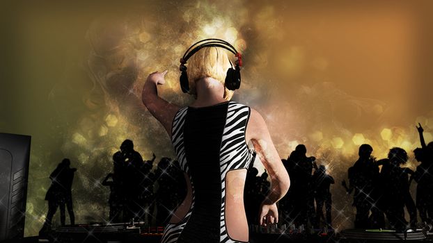 Young blonde woman dj playing music. DJ mixer on table. - 3D rendering