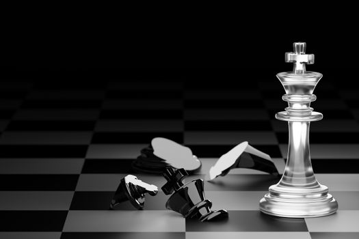 King of clear white chess has made checkmate king of black chess in dark black background. Concept of the strategic planning of leadership for victory in the competition of business games. 3D render.