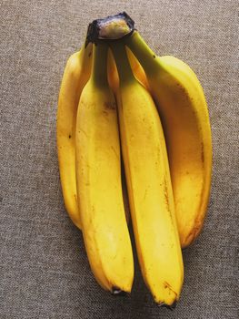 Organic bananas on rustic linen background, fruits farming and agriculture