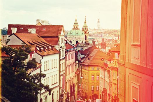 Prague architecture. Buildings and landmarks in retro vintage colors.